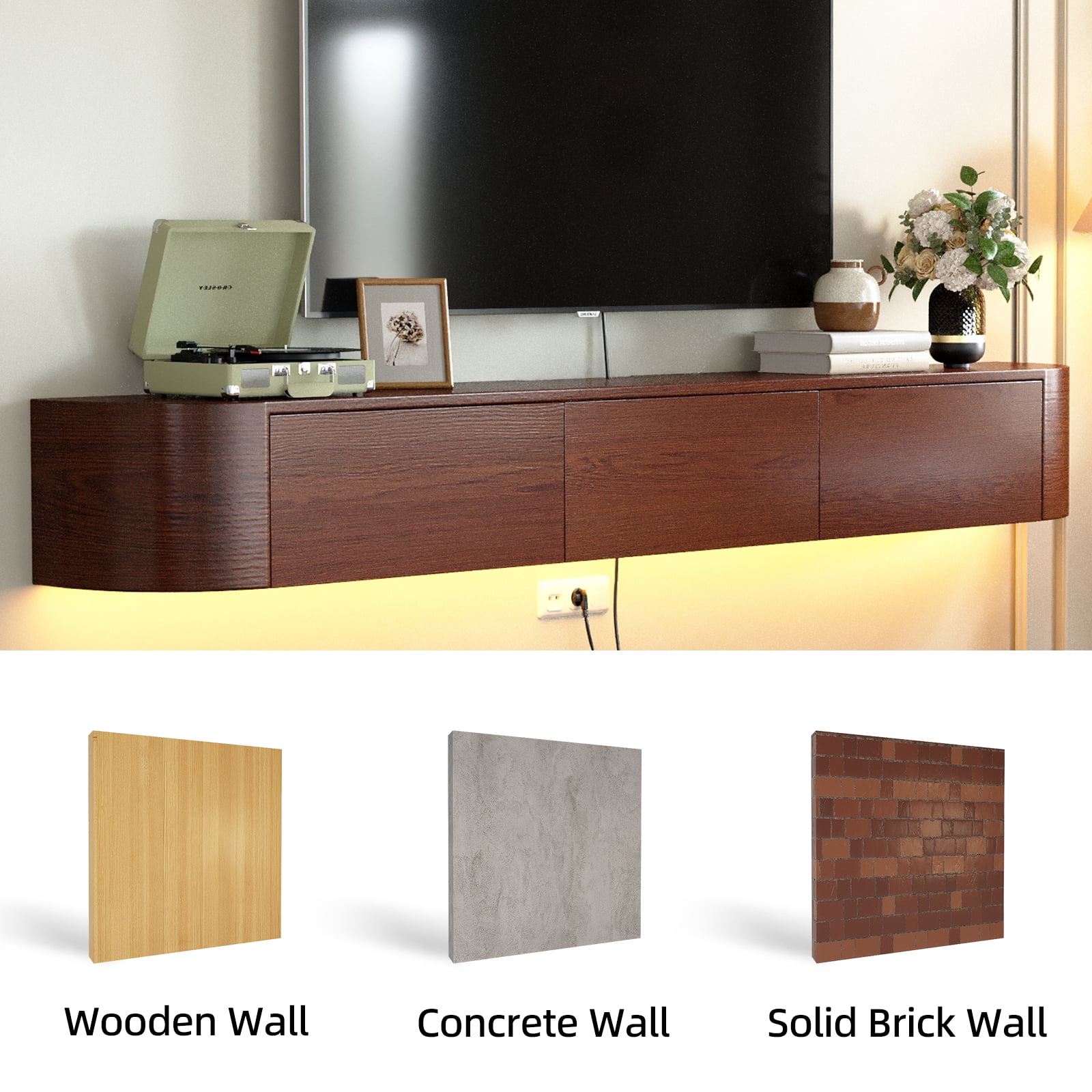 FloatiCasa 94-inch Fully Assembled Floating TV Stand Wall-Mounted Natural Wood Veneer Entertainment Center for TVs up to 100"