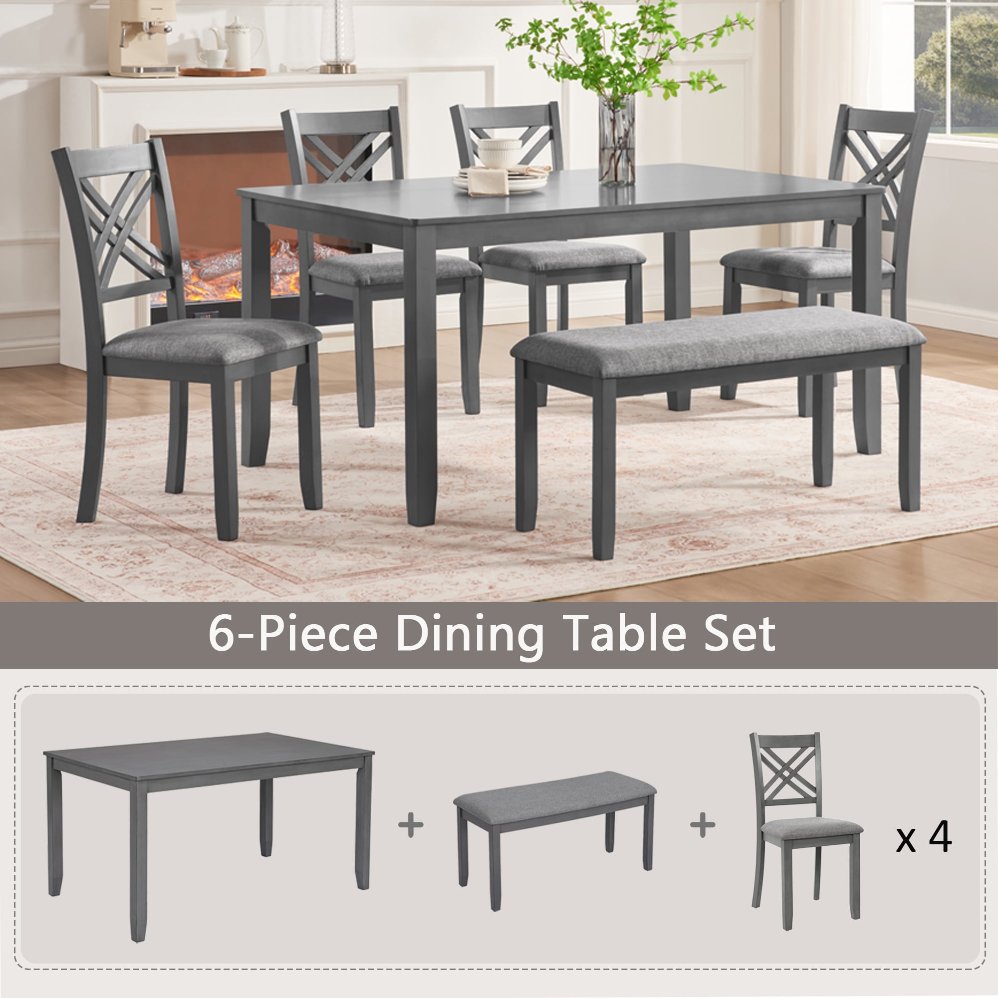 Gewnee 6 Piece Kitchen Dining Table Set,Rectangular Table with 4 Upholstered Chairs and a Bench,Wood Dining Room Table Set for 6 People,Dining Furniture Set.Gray