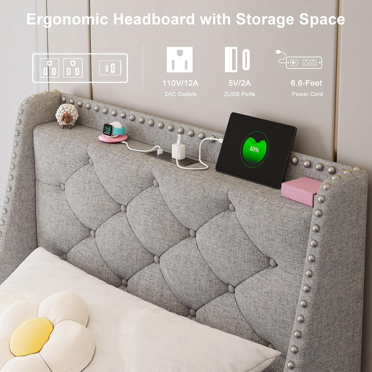 Feonase Twin Bed Frames with Luxury Wingback and Fast Charging Station,Upholstered Button Tufted Storage Headboard Twin Platform Bed,Sturdy Wooden Slats Support,Noise-Free,Easy Assembly,Light Gray