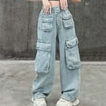 thumbnail image 4 of Kids Girls Wide Leg Denim Cargo Pants Casual Baggy Jeans High Waist Floor Length Jeans with Pockets, 4 of 8