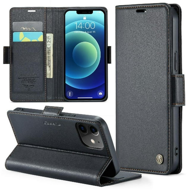 Funda tipo cartera iPhone 12 Mini con cierre magnético, RFID, tarjetero, soporte, carga inalámbrica