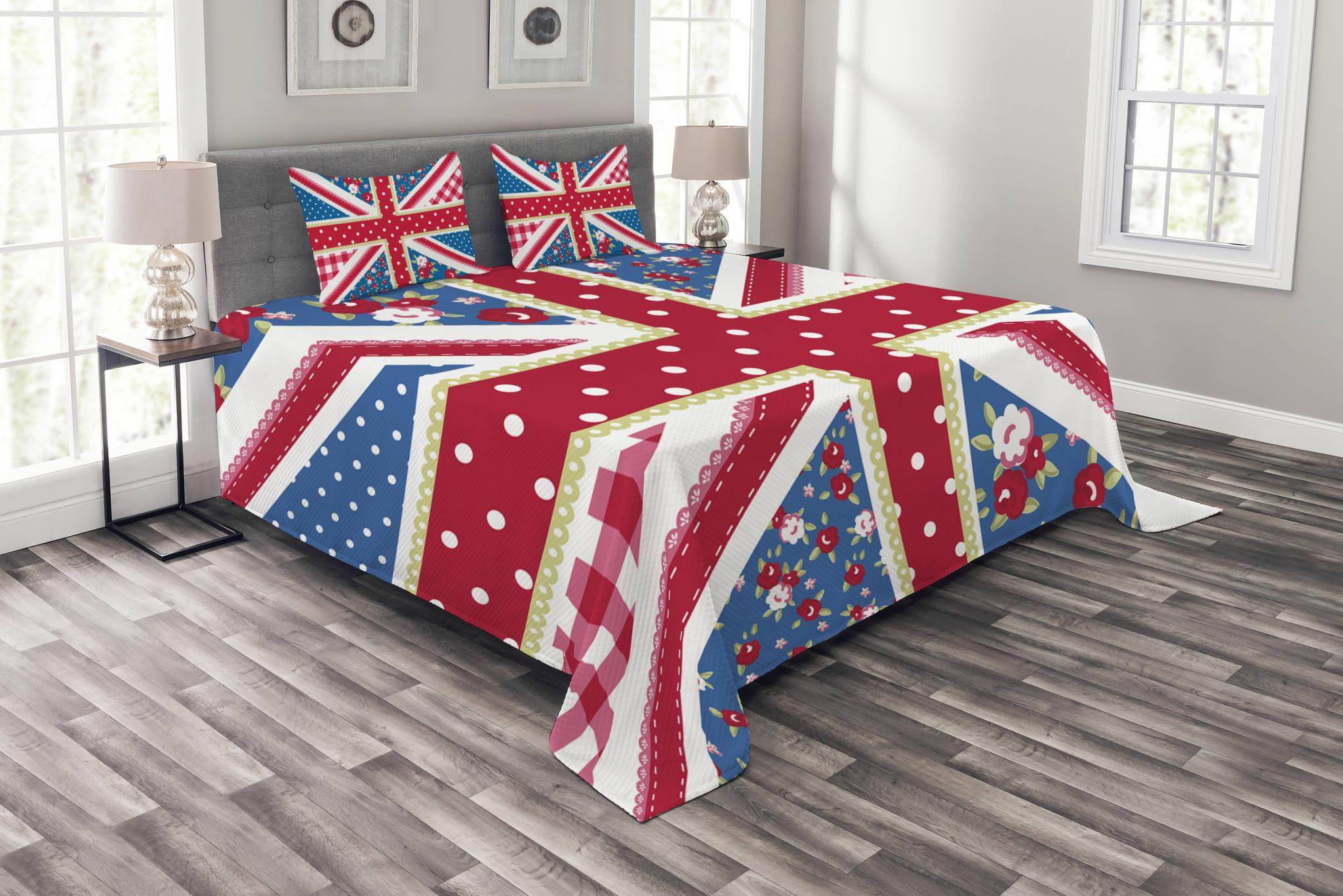 Shabby Chic Bedspread Set Queen Size, Cute British Flag in Floral Style