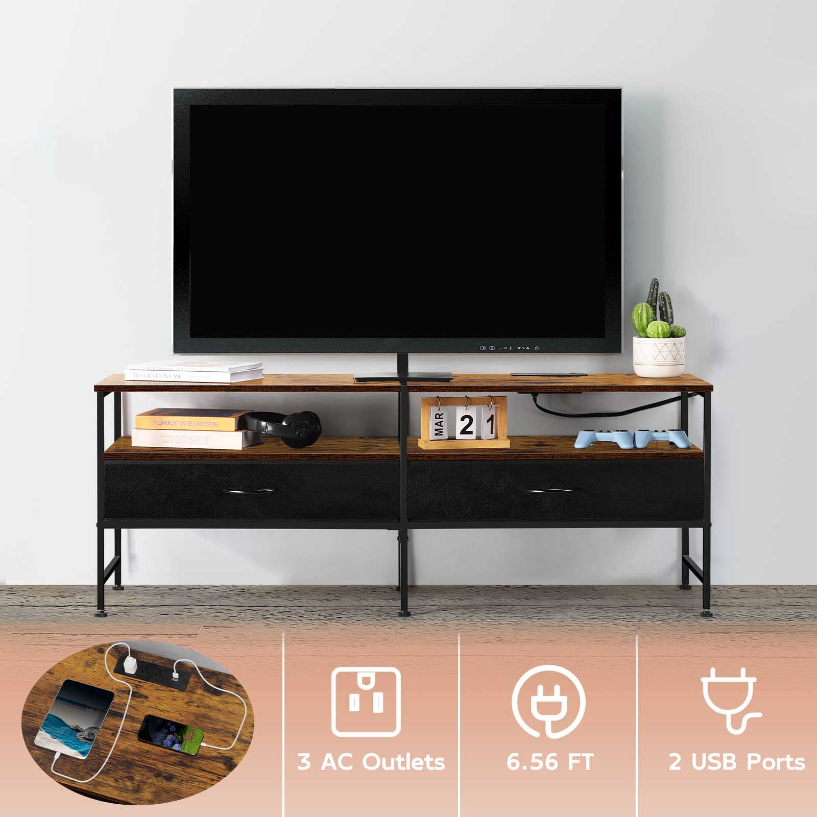55"L Extended TV Cabinet Industrial TV Cabinet with Fabric for Living Room, Bedroom with Charging Stake Brown