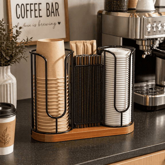Coffee Cup and Lid Holder with Straw Organizer, Disposable Cup Organizer for Countertop Coffee Station, Paper Plastic Cup Dispenser with Wooden Base for Bar, Office, Restaurant, Kitchen