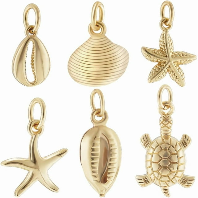 24 colgantes de concha, estrella de mar y tortuga en 6 estilos, chapados en oro de 18 quilates, con forma de animal marino, con caja de almacenamiento para hacer joyas de verano.