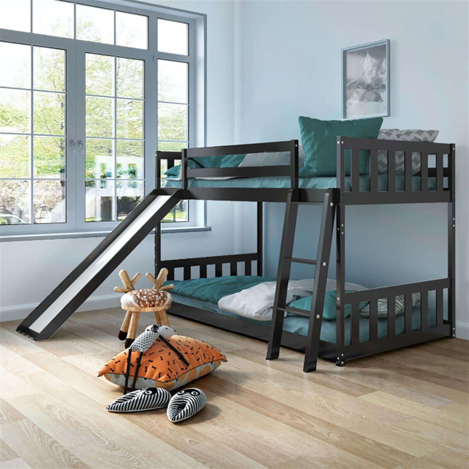 Demi Bonn Twin Over Twin Bunk Bed with High Guardrails and Slide Ladder, Twin Bunk Solid Wood Low Beds, Bed Frame, Brown
