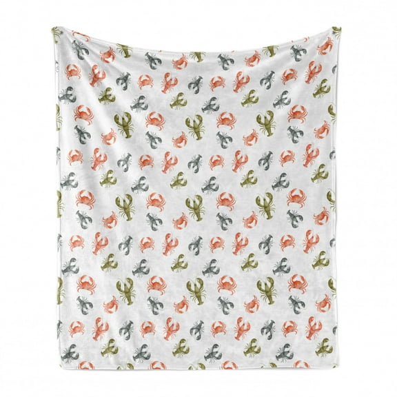 Lobster Soft Flannel Fleece Blanket, Watercolor Effect Crustacean Pattern with Cancer and Lobster Shapes, Cozy Plush for Indoor and Outdoor Use, 60" x 80", Vermilion Khaki and Grey, by Ambesonne