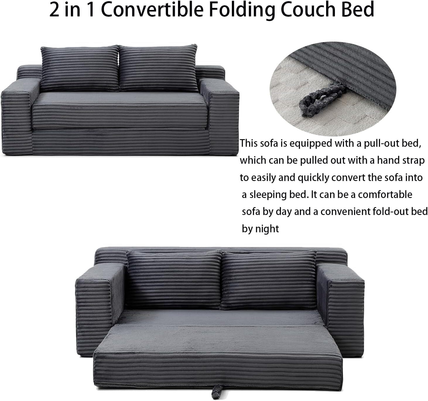 Howcool 73" Boneless Loveseat Sleeper Sofa,2 in 1 Pull Out Convertible Corduroy Floor Couch with Side Storage Pockets & 2 Throw Pillows,Foldable Guest Couch for Living Room,No Assembly Required,Grey