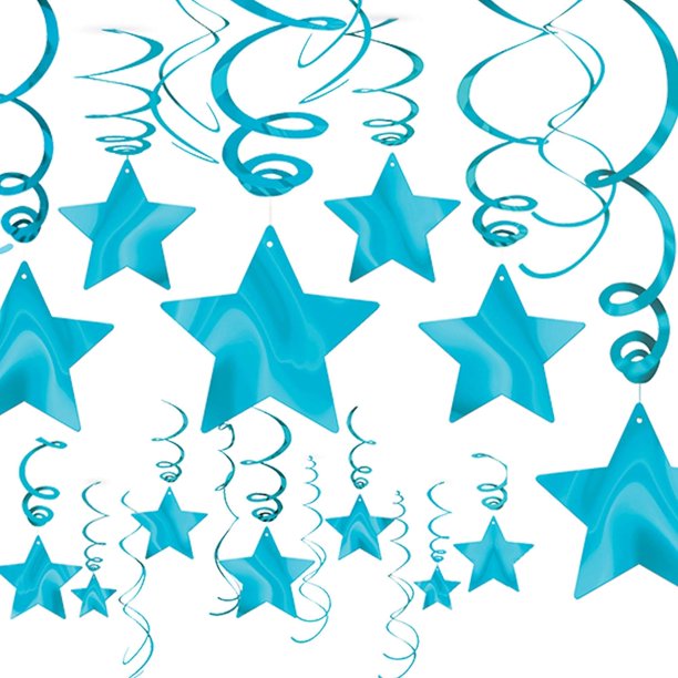 Amscan - Serpentinas Diseño Estrellas y Espirales de Aluminio - Pack de 30 (Azul Caribeño)