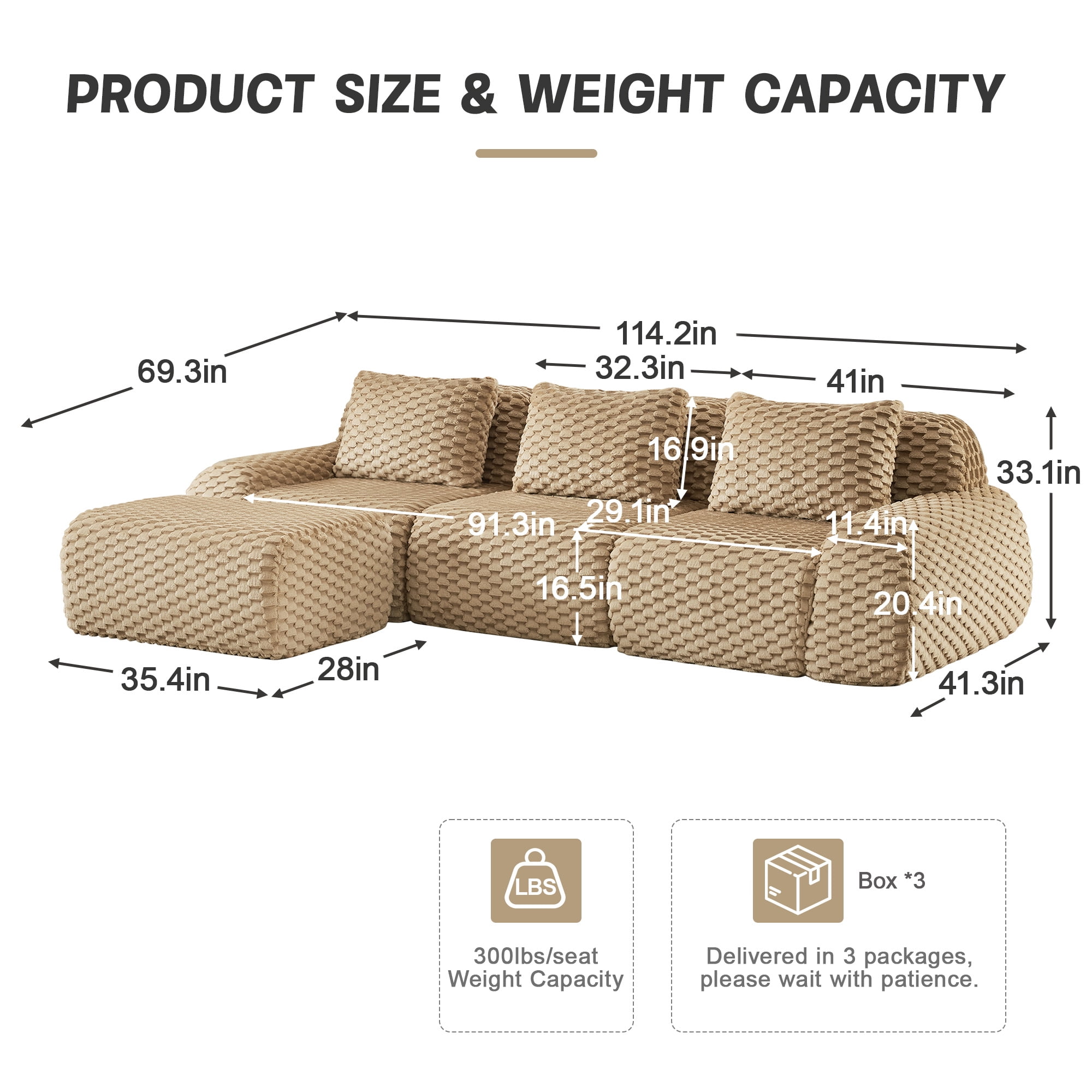 Aukfa 115" Overstuffed Cloud Sectional Sofa L shape Modular Boneless Couch for Living Room, 3 Pillows, Flannel, Camel