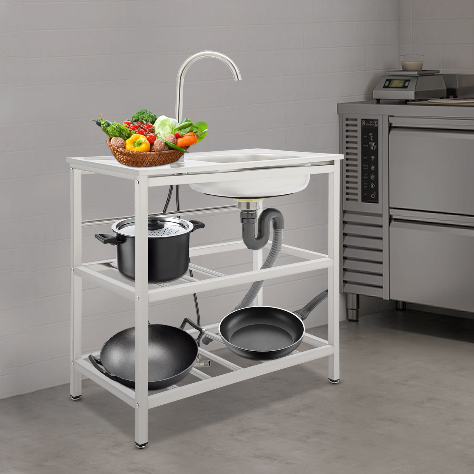 DUYIWAA Freestanding Stainless Steel Kitchen Sink with Faucet, Outdoor Utility Sink, 2-Tier Storage Rack, and Workbench for Dishwashing & Food Prep