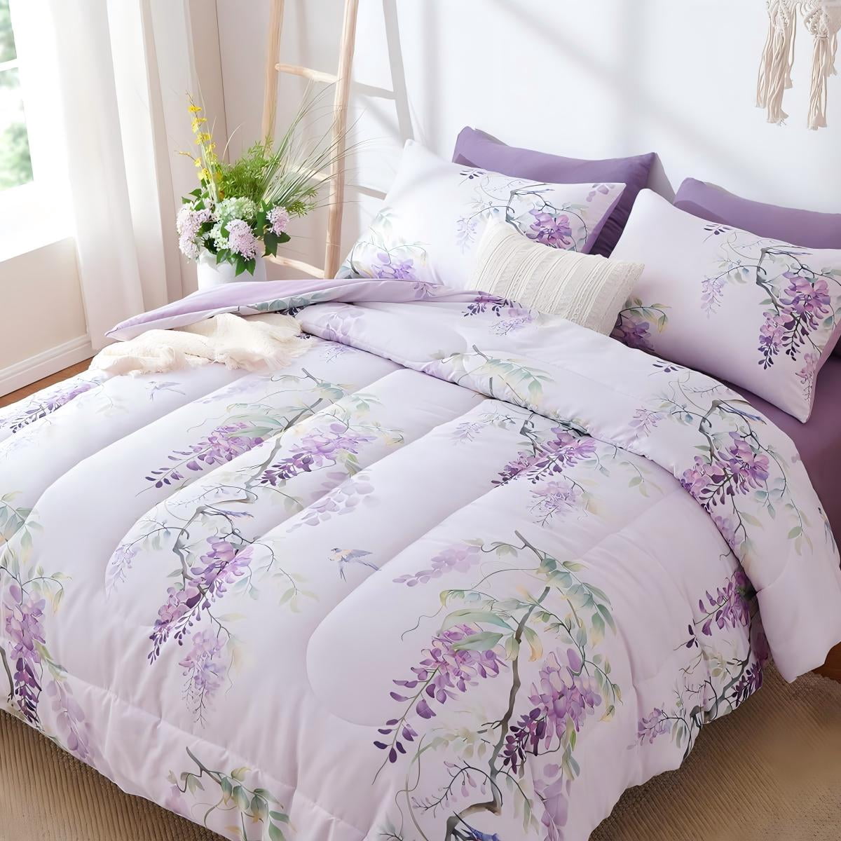JOLUSERE Romantic Wisteria Comforter King Sets, 3 Pieces Chic Botanical Purple Floral Reversible Comforter for All Season