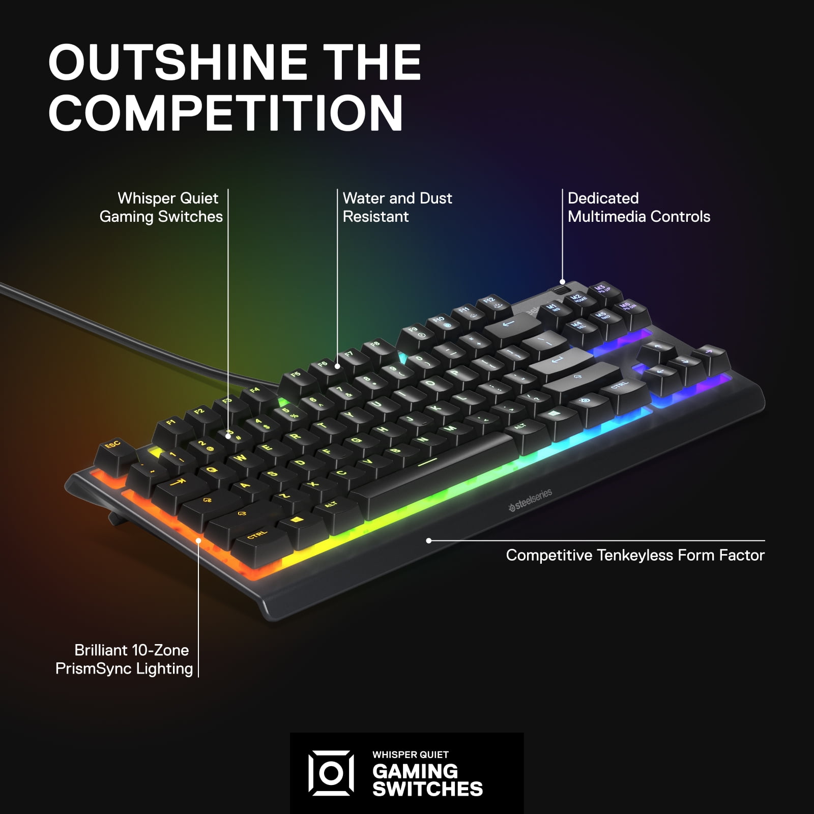 SteelSeries Apex 3 TKL RGB Gaming Keyboard - Tenkeyless - Water & Dust Resistant - PC and USB-A