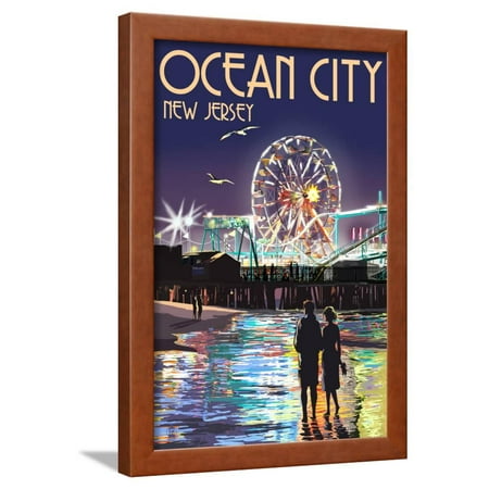 Ride Print Jersey - Ocean City, New Jersey - Pier and Rides at Night Framed Print Wall Art By Lantern Press
