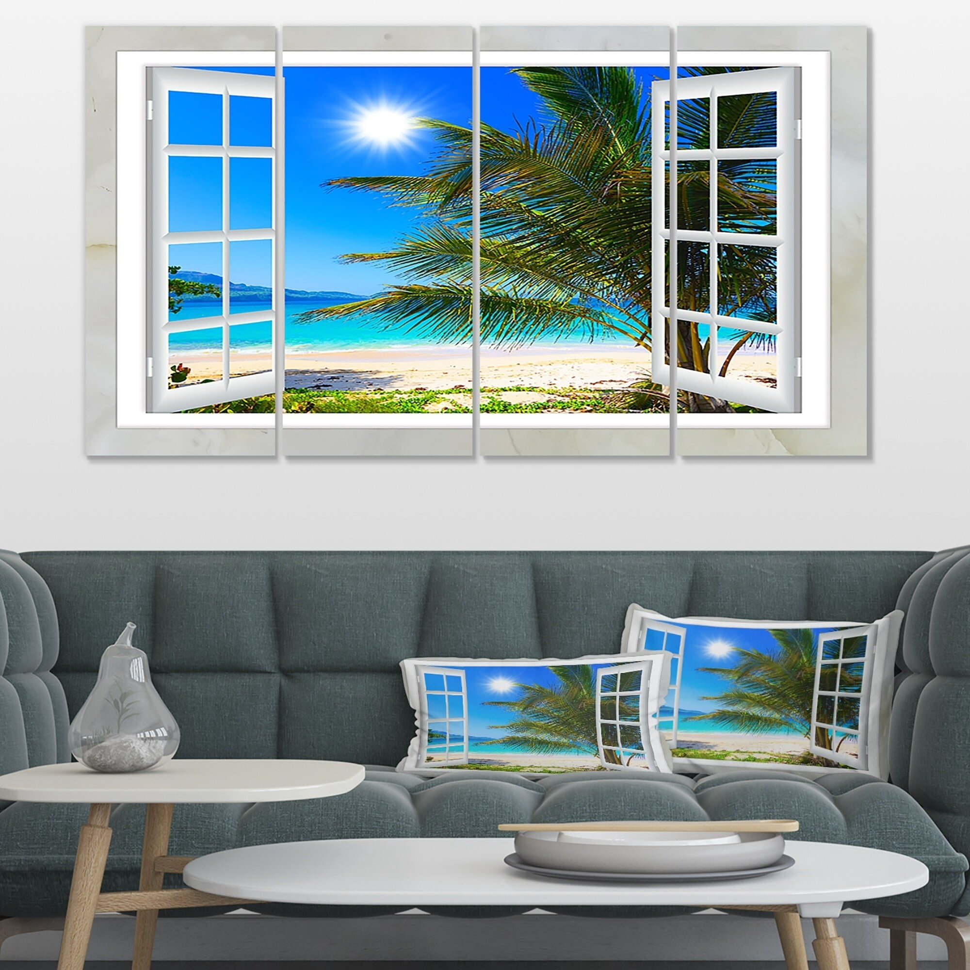 Designart 'Window Open to Beach with Palm ' Extra Large Seashore Canvas Art