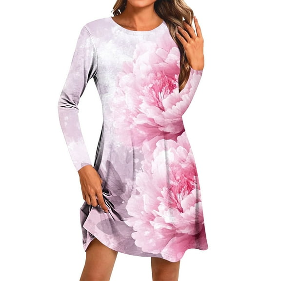 asdoklhq Church Dresses for Women Fashion Round-Neck Short Sleeved Printed Pullover Dress Multicolor XL