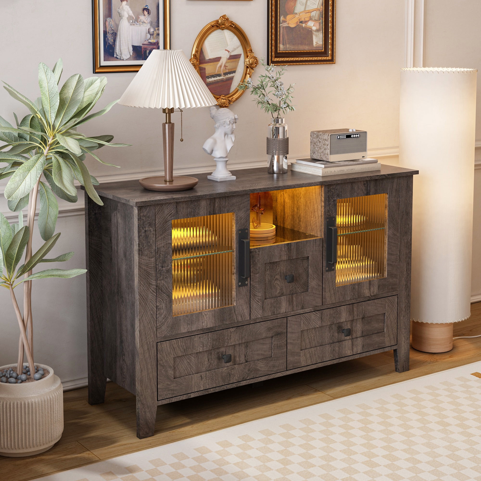 PORKISS Sideboard Cabinet, Modern Sideboard Buffet Cabinet with Lights and Drawers, Coffee Bar Cabinet with Glass Doors and Shelves, Wood Storage Cabinet for Kitchen, Hallway, Gray