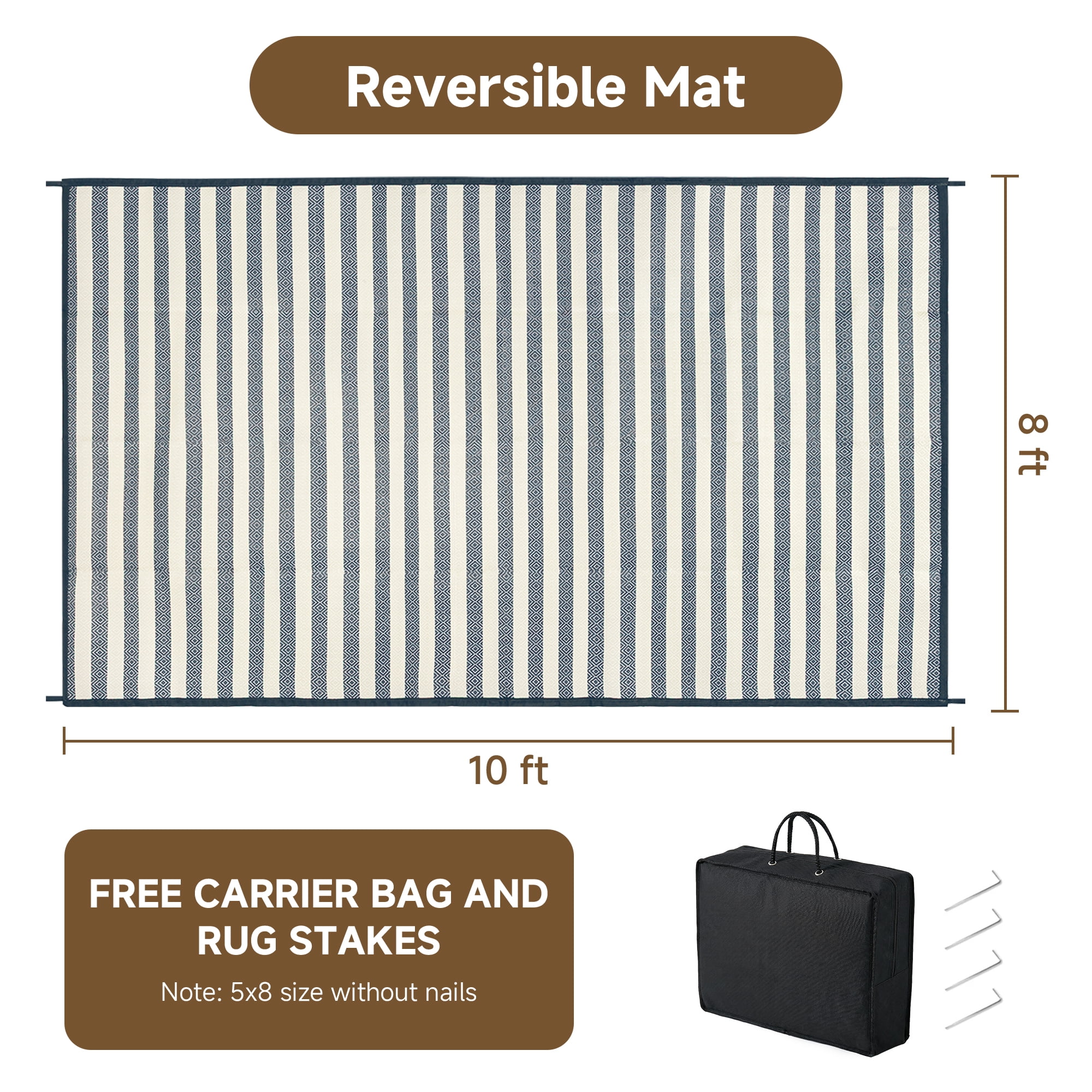 BERTHMEER 8'x10' Outdoor Rug on Sale Clearance,Waterproof Reversible Patio Rug for Deck,RV,Blue Multi White Stripes