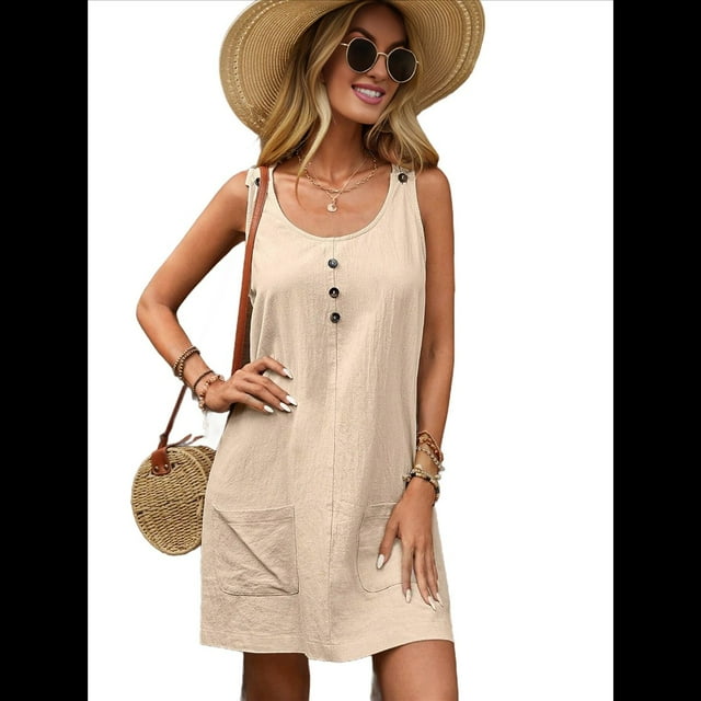 Vestido de Verano para Mujer, Sin Mangas, con Bolsillos, Informal, Corto, Corte A, Cuello Redondo. Cremoso XXL