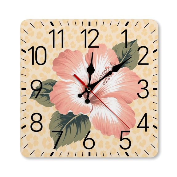 RKSupls 1010inch Square Silent Wall Clock Wooden Frame, Pink Hibiscus Leopard Spot Scale Decorative Clock for Home Bedroom Living Room Office