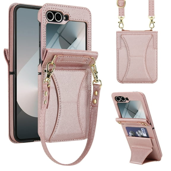 Crossbody For Samsung Galaxy Z Flip 7 Wallet Case with Hidden Kickstand, Credit Card Holder for Samsung Galaxy Z Flip 7 Case Built-in Screen Protector, Shoulder Strap & Lanyard Phone Case,Rosegold