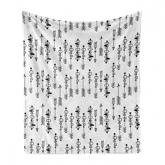Tribal Soft Flannel Fleece Throw Blanket, Hand Drawn Sketchy Image with Ethnical Inspired Shapes Arrows Print, Cozy Plush for Indoor and Outdoor Use, 50" x 60", Black and White, by Ambesonne