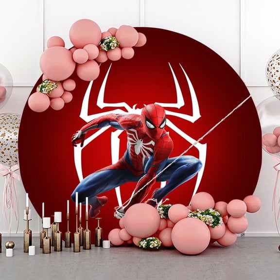 7.2ft Red and White Spider Cobweb Round Birthday Backdrop for Boys