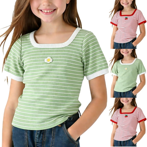 Piuwrlz Green Short Shirts Sleeve Kids Girls Graphic T-Shirts Crew Neck Slim Pullover Green Size 6-7Years