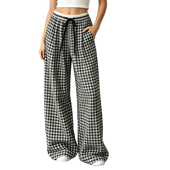 ClodeEU Women's Plaid High Waisted Wide Leg Pants ,Loose Fit Straight Floor Length Trousers for Summer Black,Women's Plus L