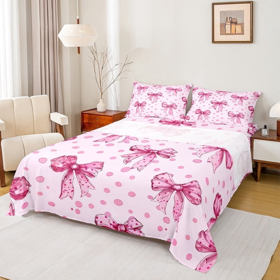 Manfei Teens Female Kawaii Bow Knot Twin Sheet Sets 3pcs,Dreamy Princess Twin Fitted Sheet Microfiber,Polka Dots Breathable Flat Sheet,Lightweight Room Decor