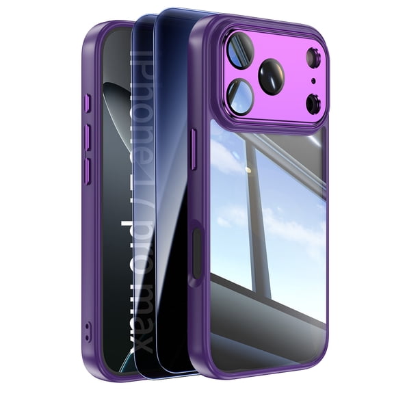 Decase Clear Case for iPhone 17 Pro Max,Transparent Back Cover,Rugged PC TPU Hybrid Full Lens Protector Phone Case with 2-Pieces Privacy Glass Screen Protector,Darkpurple