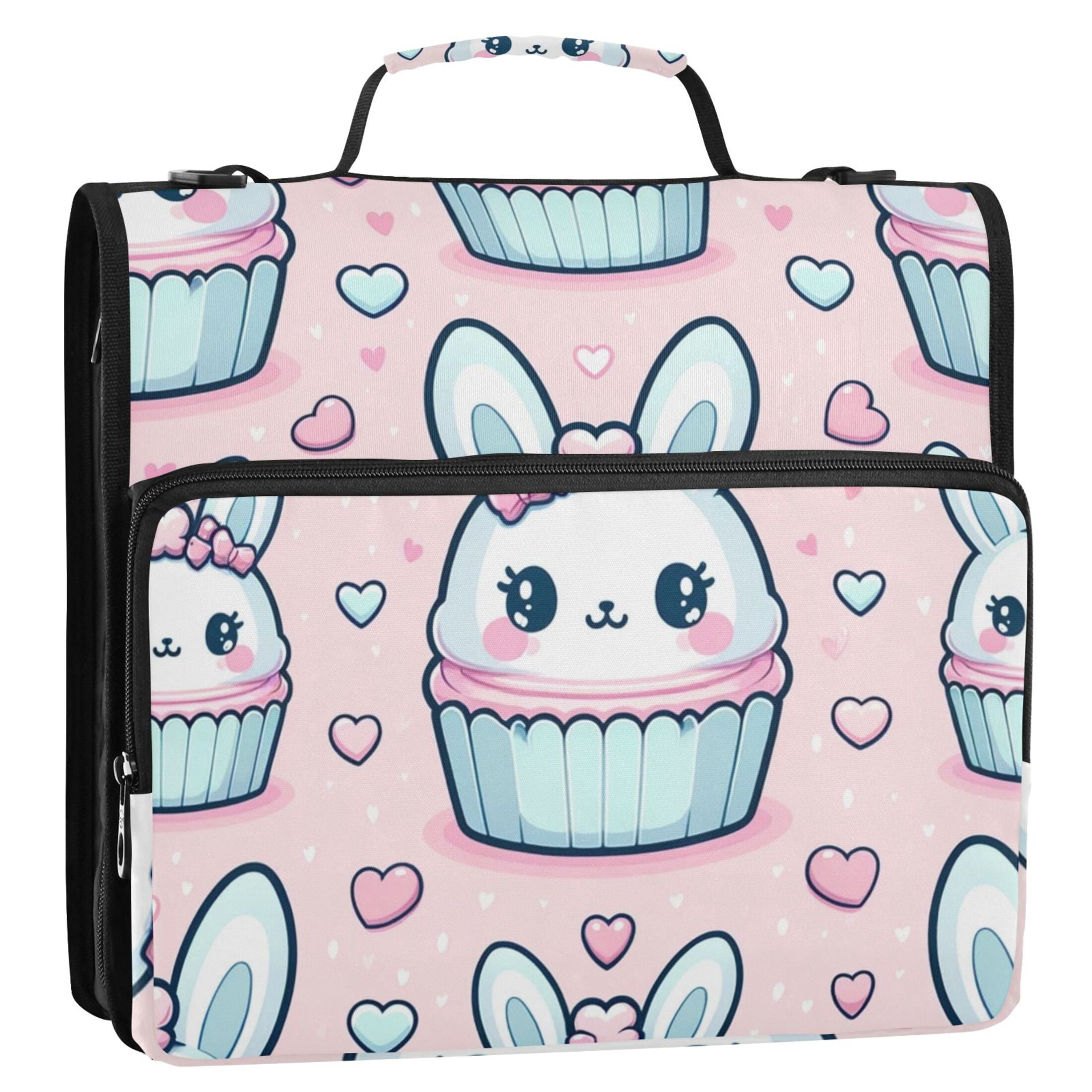 3 Ring Zipper Binder with Shoulder Strap Waterproof Trapper Keeper 2 Inch D-Ring 500 Sheets Capacity Cute Rabbit in Cupcake