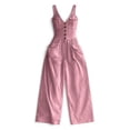 thumbnail image 5 of Boho Button Front Wide Leg Jumpsuit for Women - Sleeveless V-Neck Overall with Pockets, Flowy Casual Linen-Look Summer Romper Pink M, 5 of 6