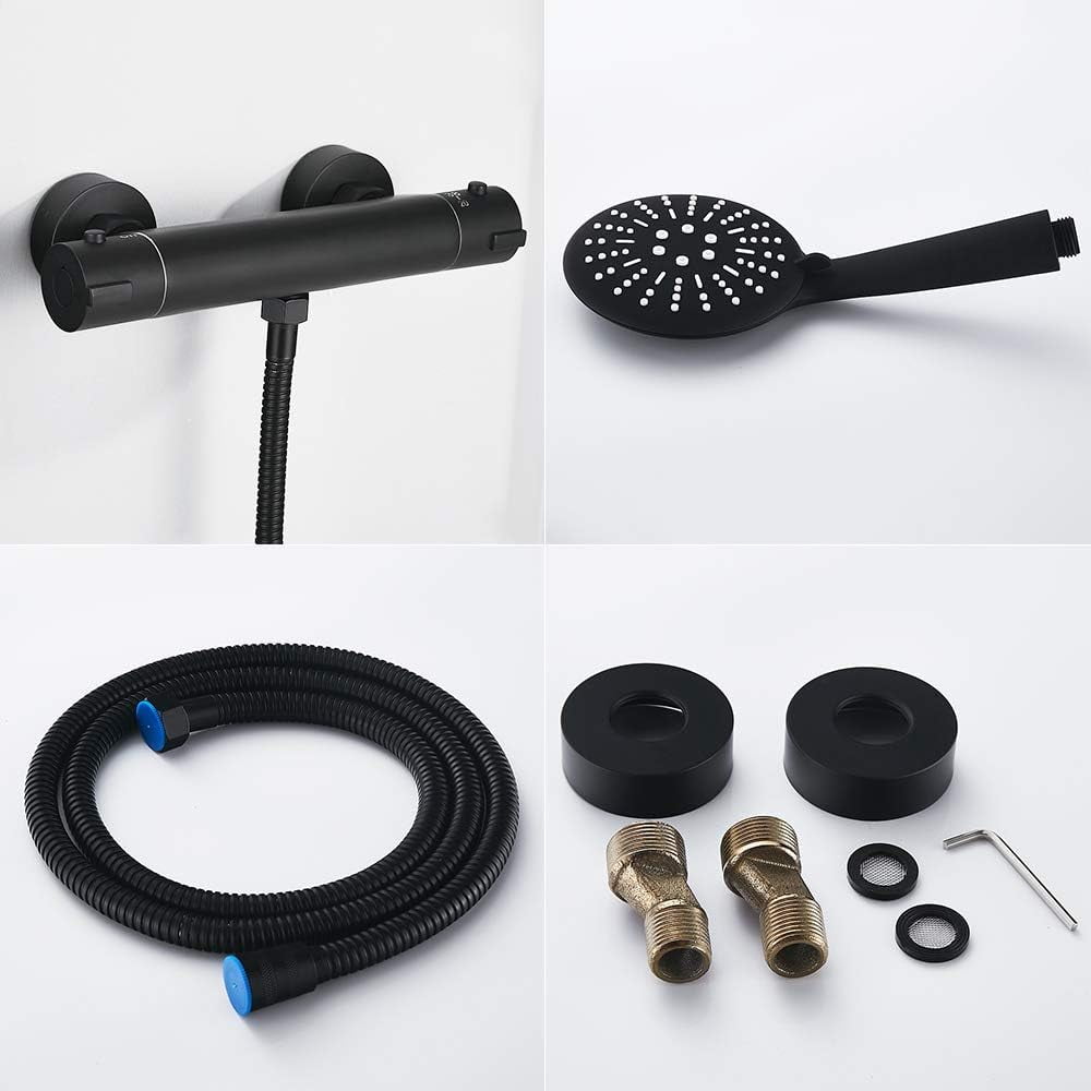Bathroom Rainfall Black Shower Faucet Set Wall Mounted Copper Set with Hand Shower Head Bathtub Mixer Thermostatic Black Faucet