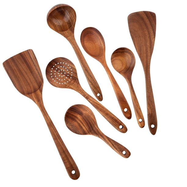 Precio sorpresa!Juego de utensilios de cocina de teca natural - Cuchara de cocina de agarre cómodo, cuchara de madera para cocinar - Juego de utensilios de madera para cocinar, utensilios de cocina