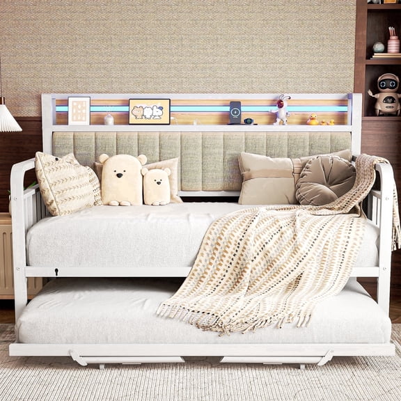 Hijob Modern Sturdy Metal Twin Daybed Frame with Trundle & Upholstered LED Headboard, Sofa Bed for Living Room & Bedroom, White & Natural Wood
