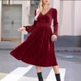 thumbnail image 2 of qelini Winter Cocktail Dresses for Women High Waisted Solid V Neck Pleated Dress Elegant Evening Dresses, 2 of 7