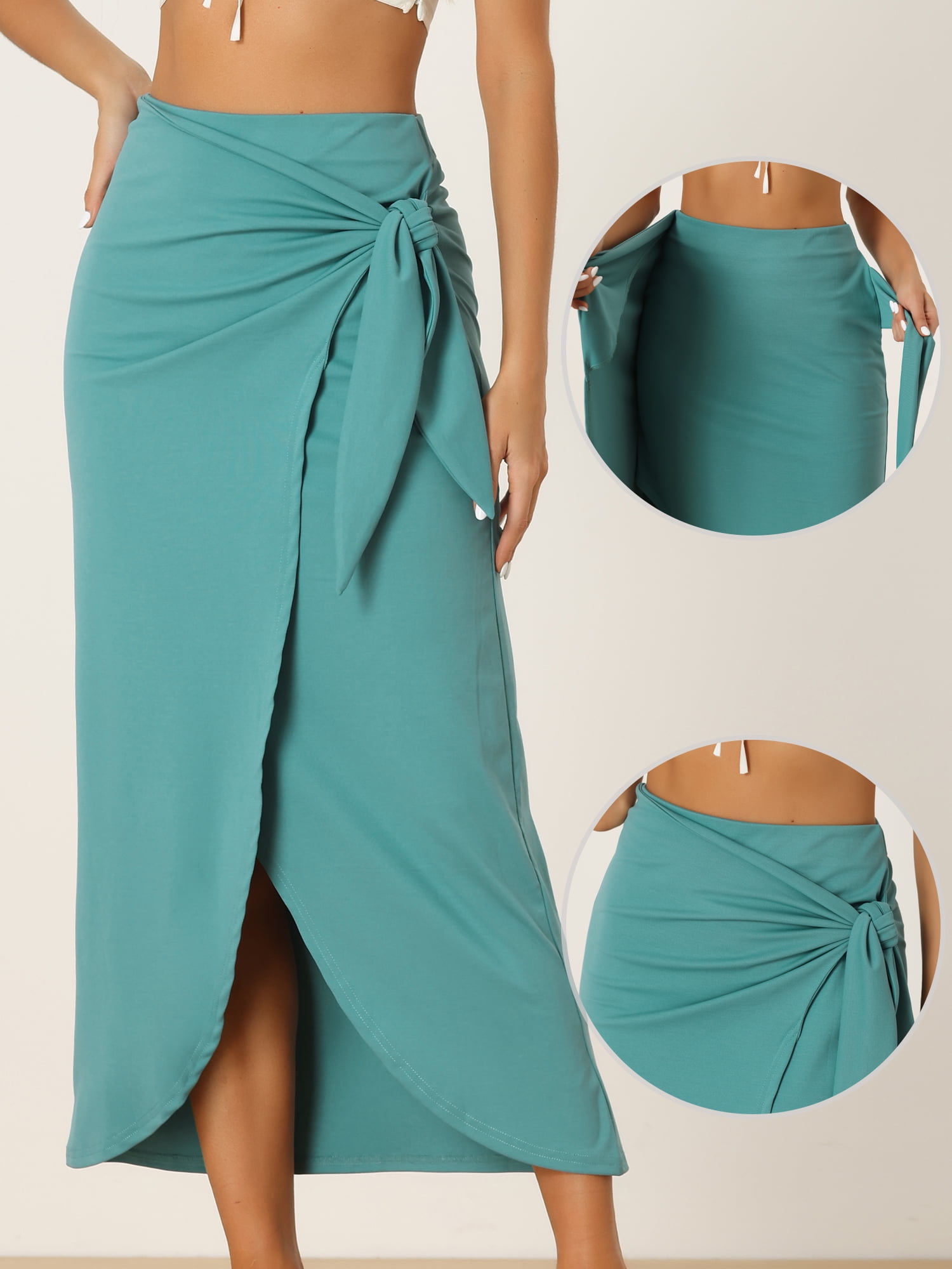 DARING DIVA Women Split Thigh Front High Waist Boho Wrap Midi Skirt M Blue Green