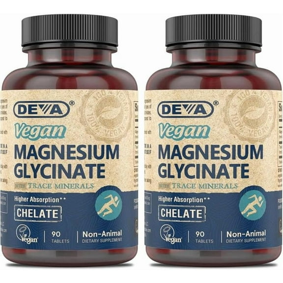 DEVA Vegan Magnesium Glycinate 300mg per serving with Trace Minerals, Higher Absorption, Chelated Magnesium, 90 Tablets (Pack of 2).