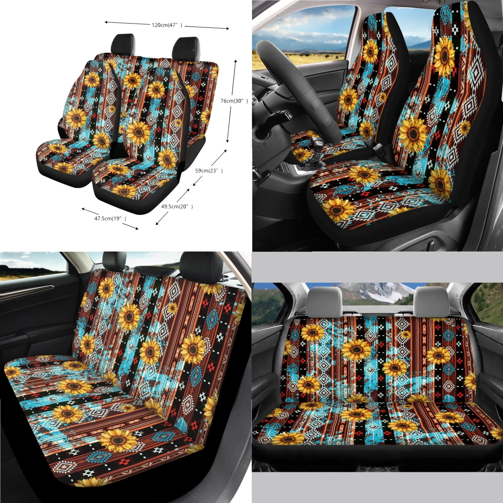 Renewold American Tribal Sunflower Car Seat Cover Full Set 14 PCS, with Steering Wheel Cover Seatbelt Pad Coasters Rubbish Bin Rear View Mirror Armrest Cover Cushion Gear Shift Knob Cover Set