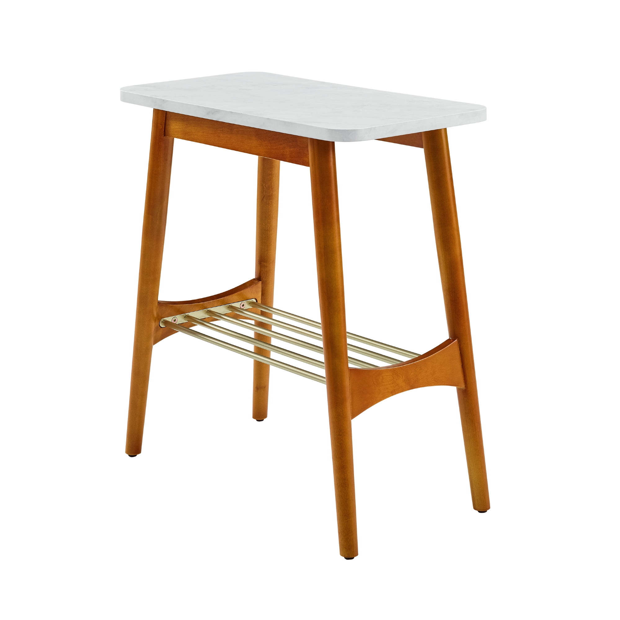 Manor Park Mid Century Modern End Table, White Faux Marble/Acorn