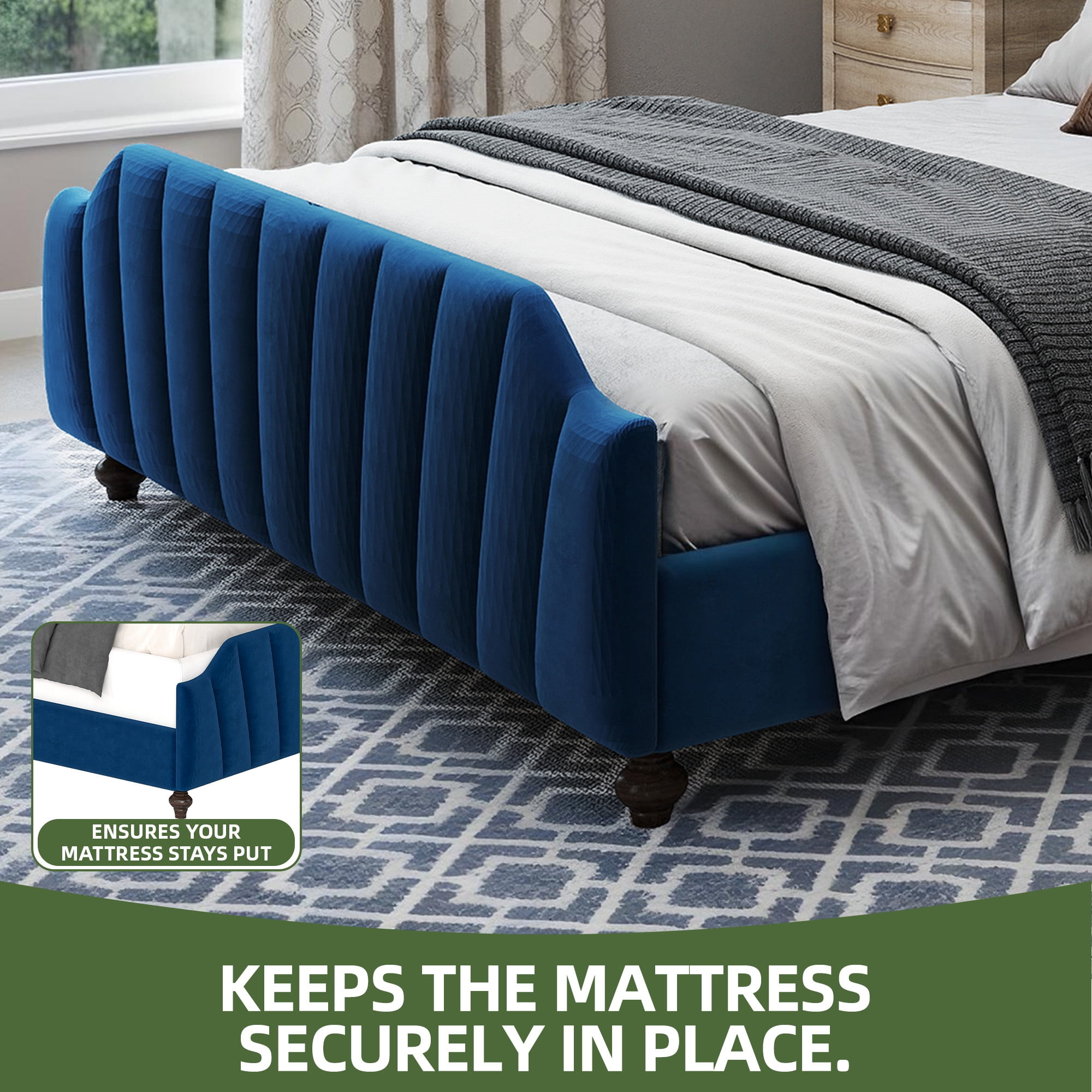 Uforic Upholstered Queen Size Platform Bed Frame with LED Lights & Tall Headboard & Footboard, Blue
