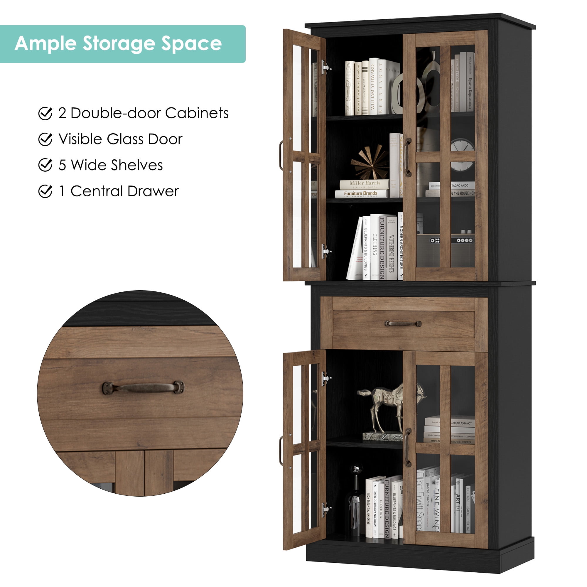 Homfa Modern Storage Cabinet with Glass Doors, 71'' Kitchen Pantry with Adjustable Shelves, Wood Bookcase, Black & Oak