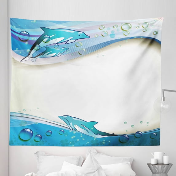 Ocean Tapestry, Illustration of Dolphins on Sea Waves with Water Drops Framework Abstract, Fabric Wall Hanging Decor for Bedroom Living Room Dorm, 5 Sizes, Beige Blue Aqua, by Ambesonne