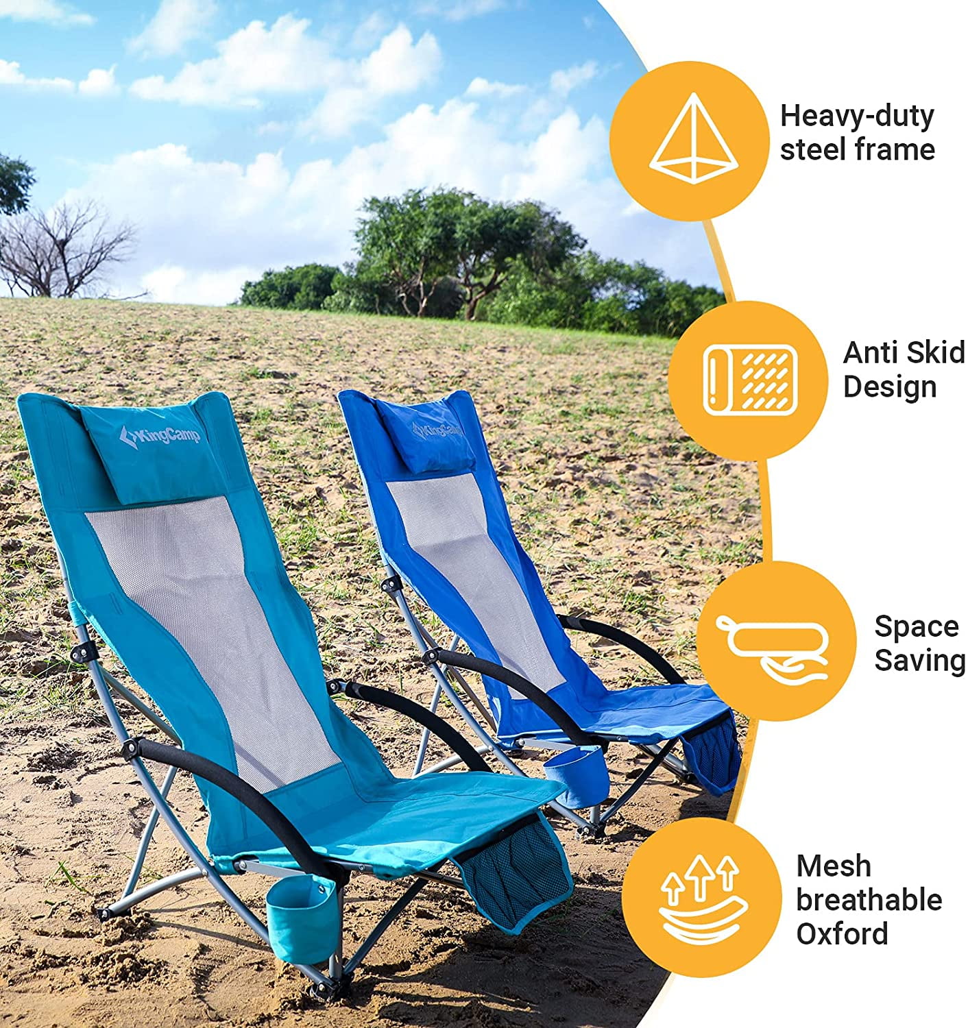 Blue KingCamp High Back Camping Beach Folding Chair with Cup Holder Pocket Pillow for Outdoor Concert Lawn Sand Festival