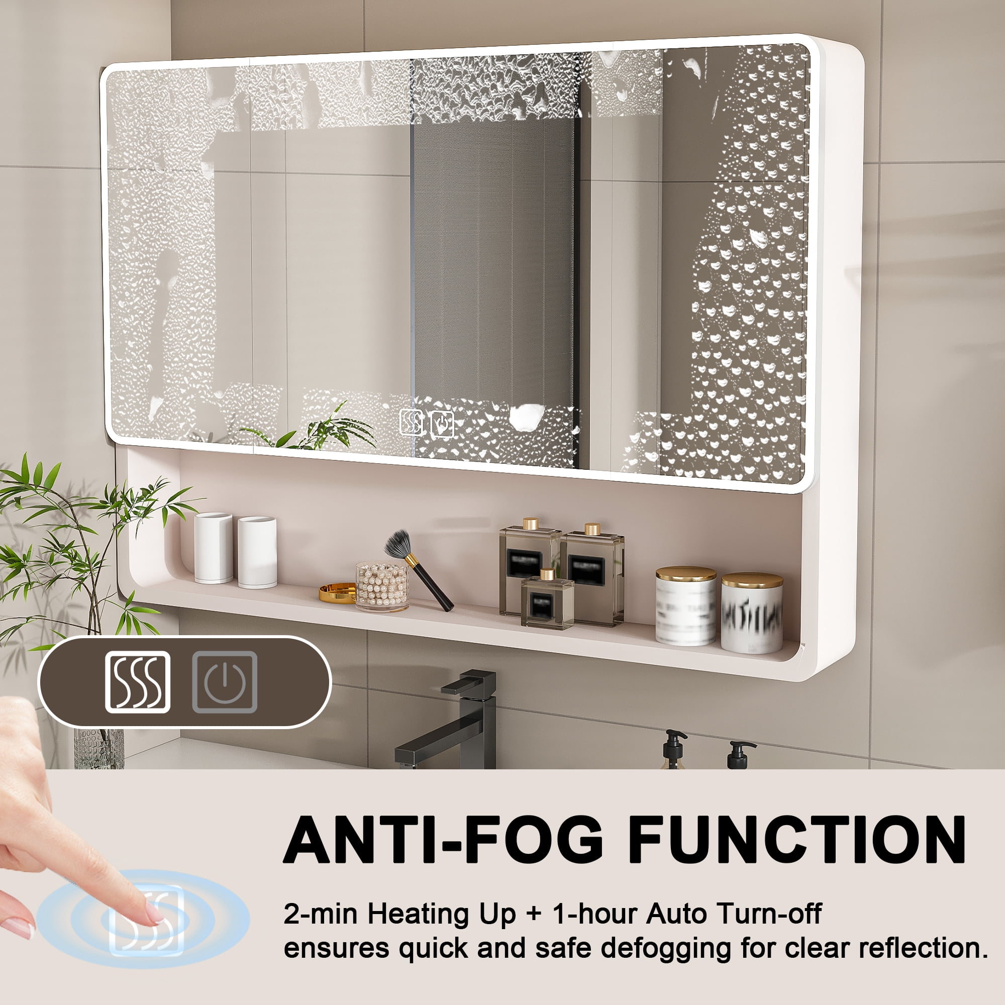 Aukfa Bathroom Medicine Cabinets Wall Cabinet with Defogging Function and LED Lights,35"x28",Khaki