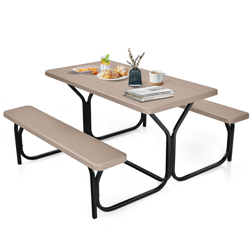 Aimee Lii HDPE Outdoor Picnic Table Bench Set with Metal Base, Outdoor Furniture Set, Coffee
