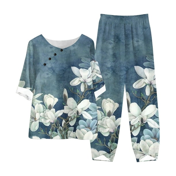 ICHUANYI Clearance Women's Summer Printed Short Sleeve Half Sleeve Round Neck Cropped Top + Casual Pants Suit Set Two Piece Lounge Set(Navy, S) ICHUANYI WER2023081106487