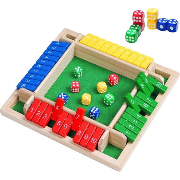 Shut The Box-Wooden Dice Board Game, 4 Player Board with 8 Dice, Classic Funny Family Math Game for Home, Classroom, Parties & Games Night
