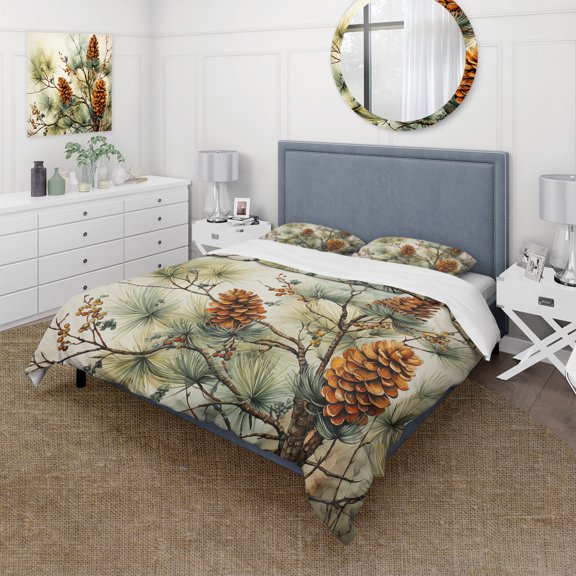 Designart "Captivating Pine Tree Beauty II" Floral Bedding Covert Set - Tree Pine Green Traditional Bed Set With 2 Shams